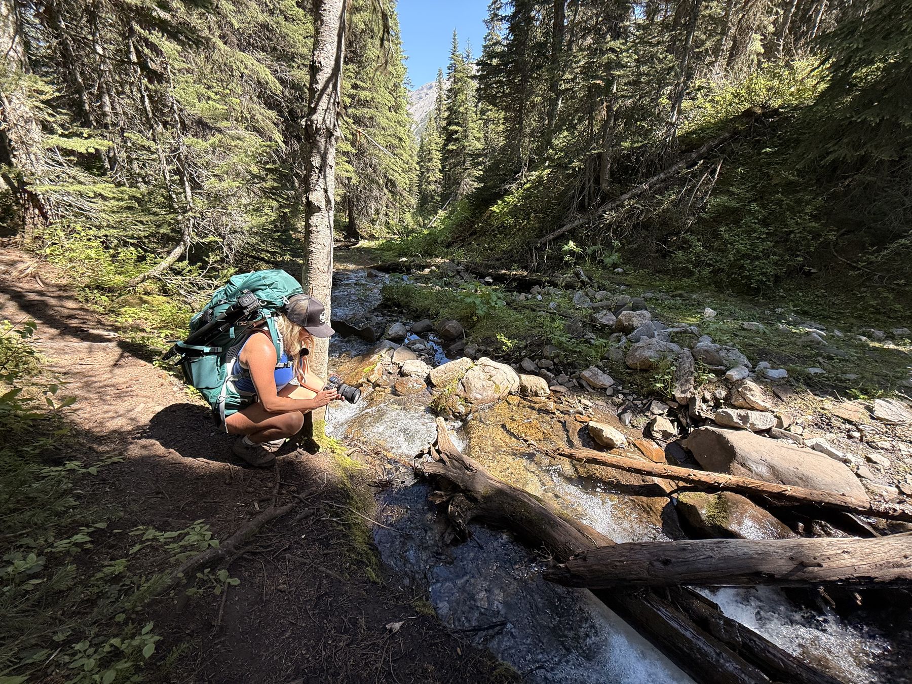 Stacie crouched beside a mountain creek on the Windfall Lake trail with her backpack on