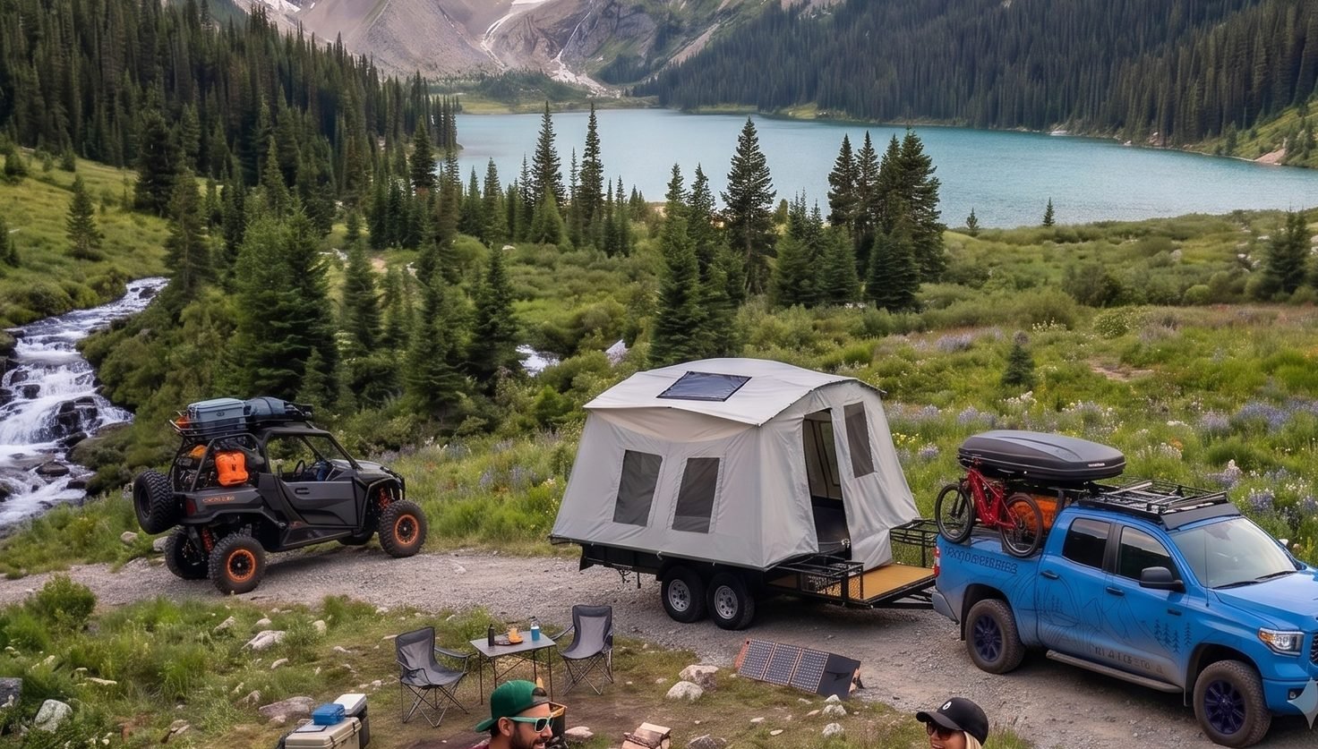 The Blackout trailer set up as camp with the Tundra and Commander