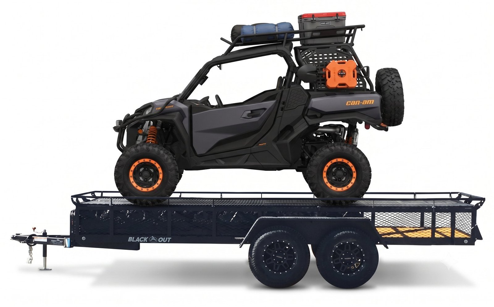 The Can-Am Commander strapped down on the Blackout trailer deck