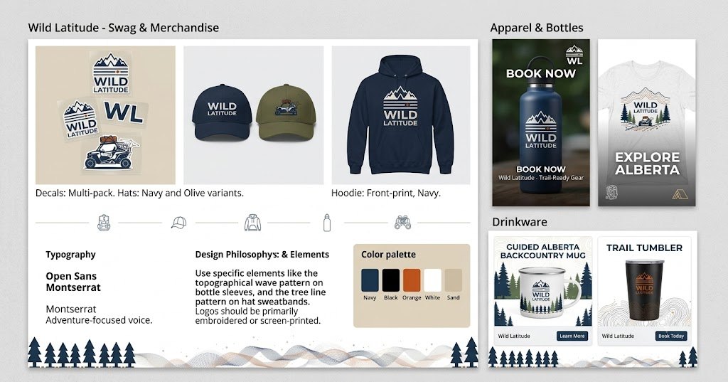 Wild Latitude merchandise mockups with the logo on apparel and gear