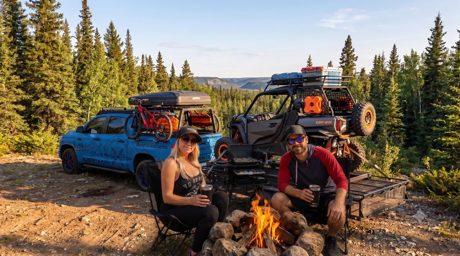 Camp set up at a river valley overlook in the Alberta backcountry