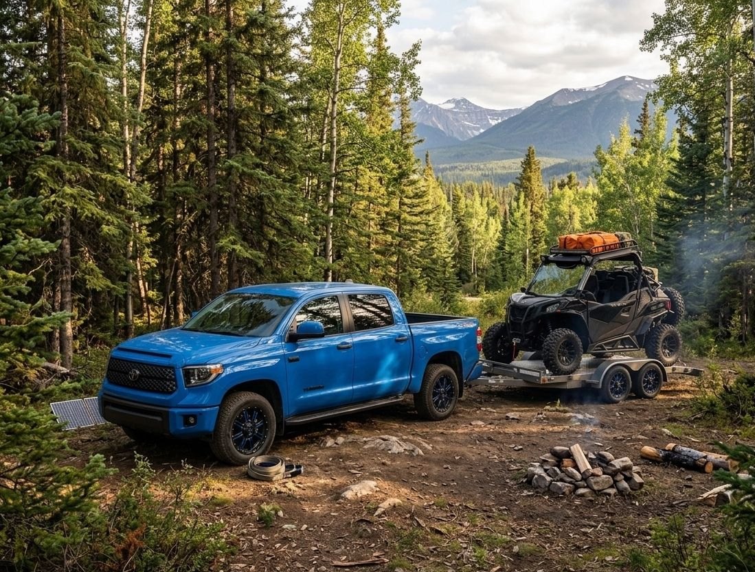 Blue Tundra and Can-Am on a trailer in the forest