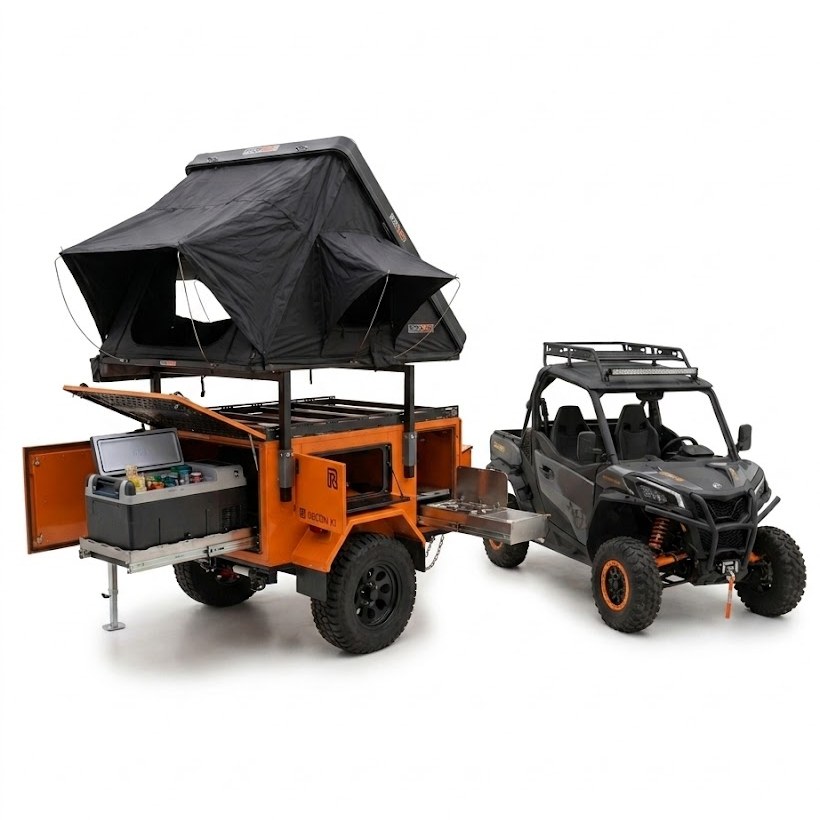 Concept render of the Rove Overland micro overlander at camp with the rooftop tent deployed, galley doors open, and the fridge slide extended