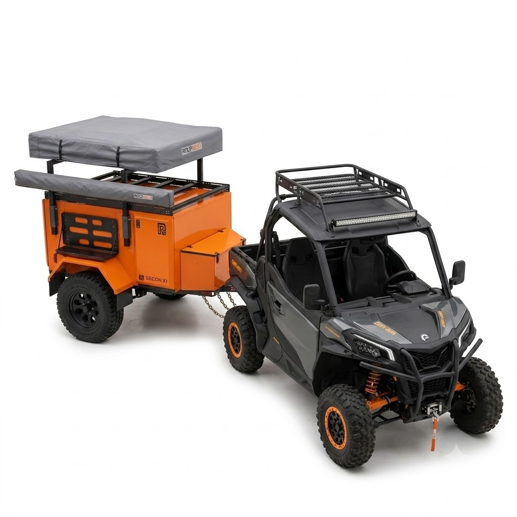 Concept render of the Rove Overland micro overlander hitched to a Can-Am Commander, three-quarter front, rooftop tent stowed flat