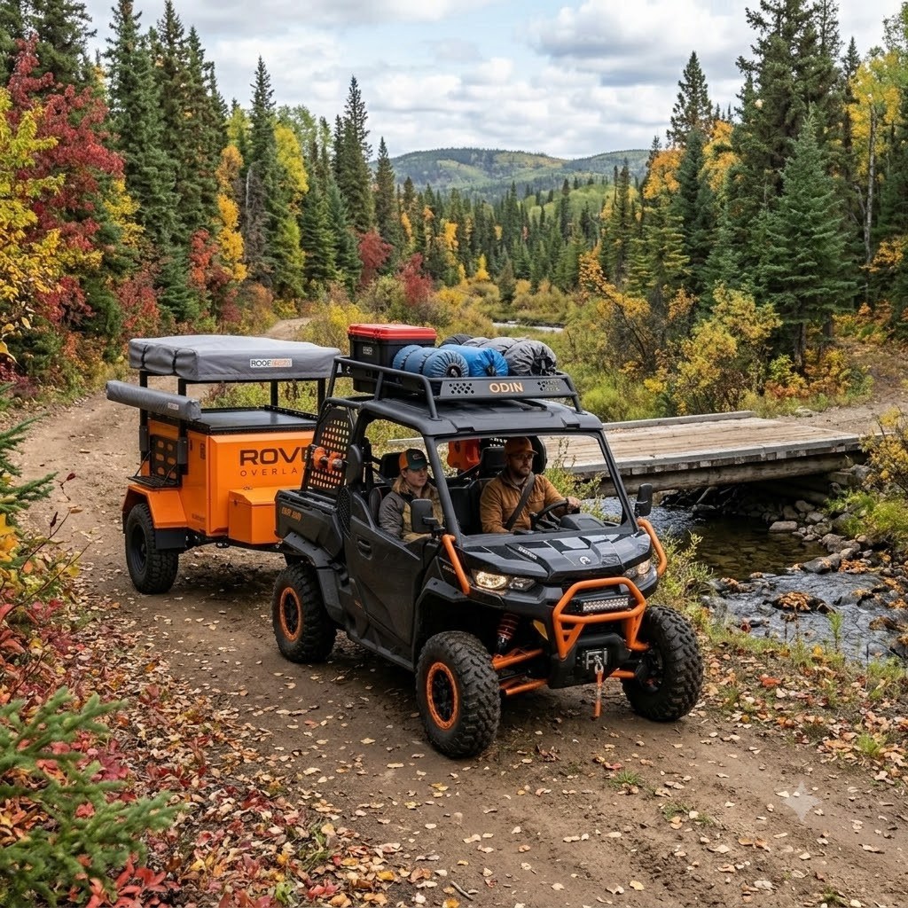 Concept image of the Commander towing the trailer across a timber bridge in autumn