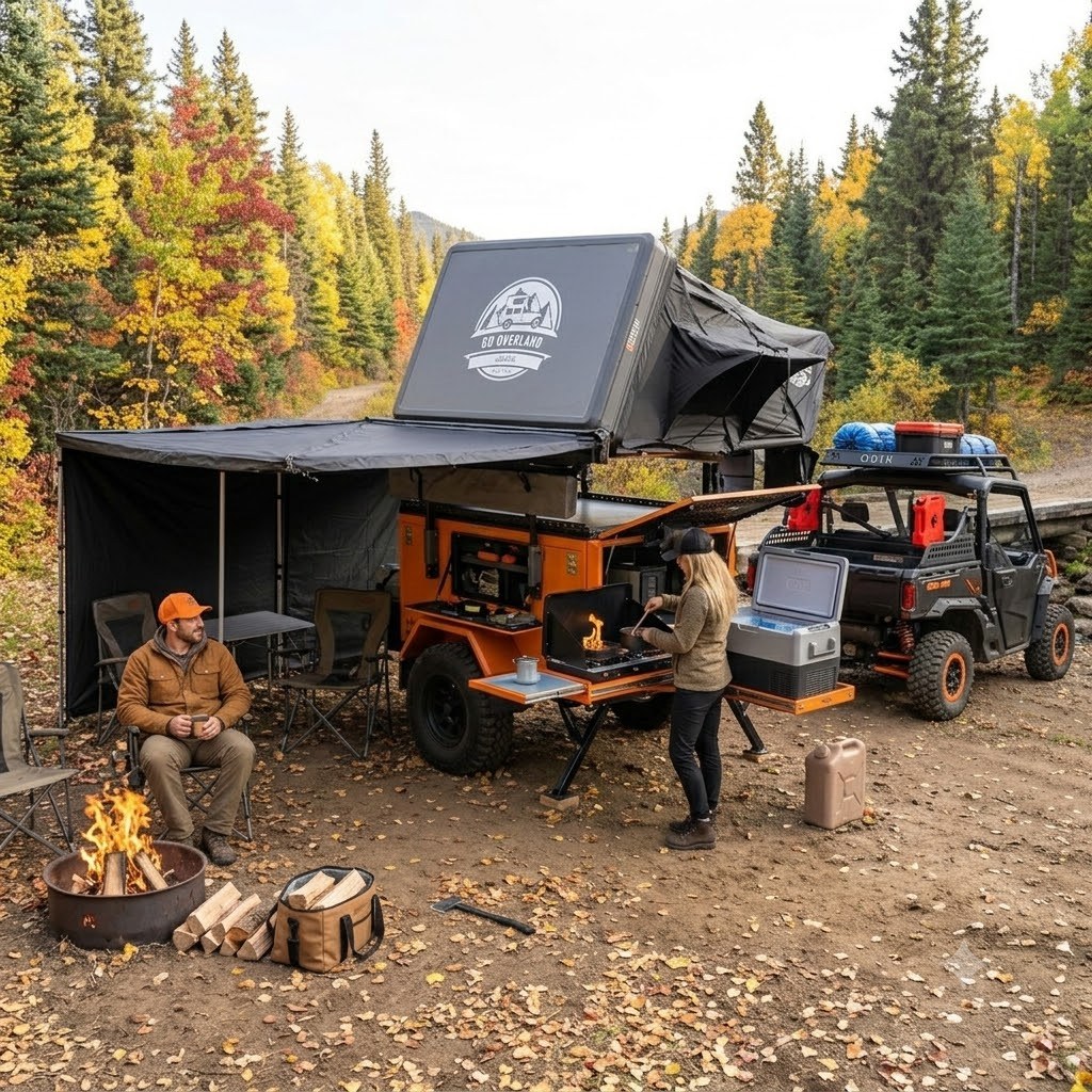 Concept image of camp set up with the galley open, awning out, and the fire going