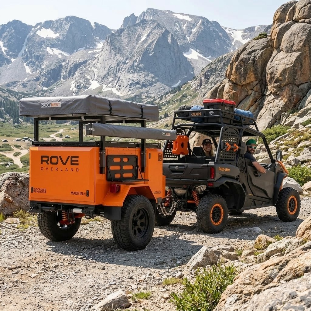Concept image of the Commander and trailer on a rocky alpine track below the peaks